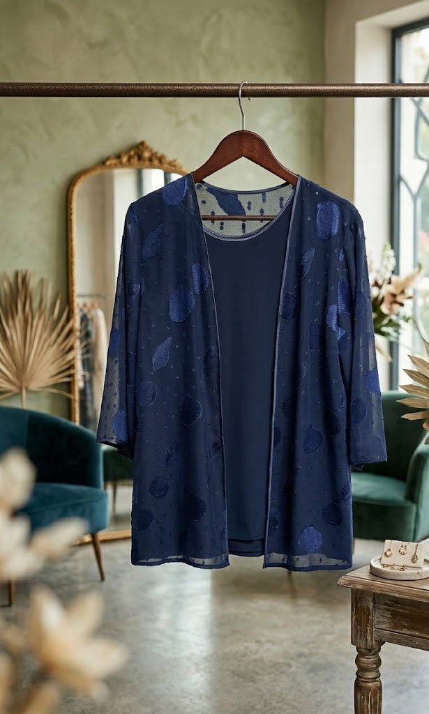Elegant Navy Shell-Print Overlay Blouse
