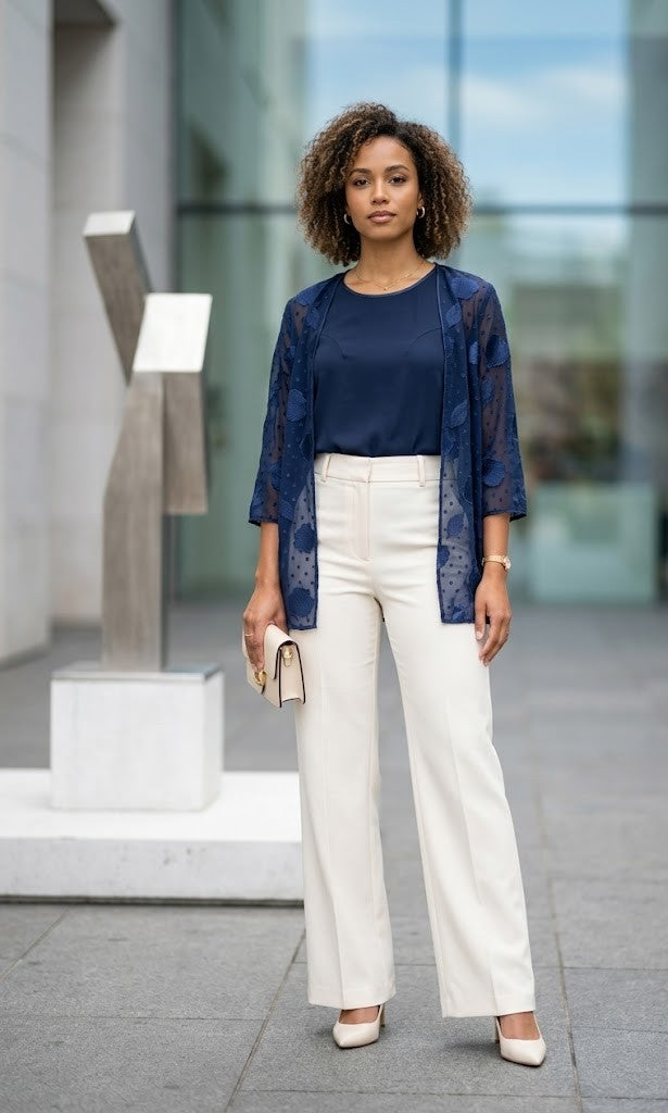 Elegant Navy Shell-Print Overlay Blouse
