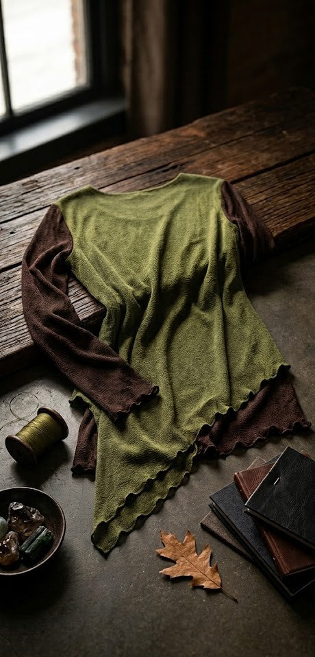 Earthy Layered Asymmetrical Tunic Blouse – Olive & Espresso (Size L/XL)