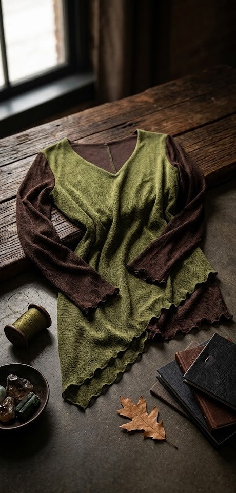 Earthy Layered Asymmetrical Tunic Blouse – Olive & Espresso (Size L/XL)