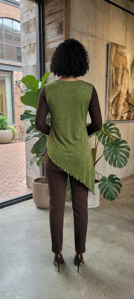 Earthy Layered Asymmetrical Tunic Blouse – Olive & Espresso (Size L/XL)