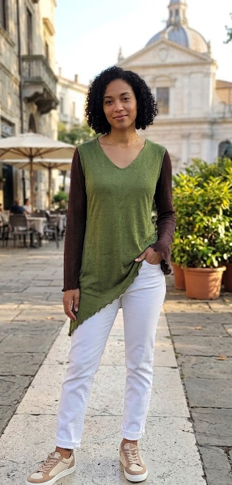 Earthy Layered Asymmetrical Tunic Blouse – Olive & Espresso (Size L/XL)
