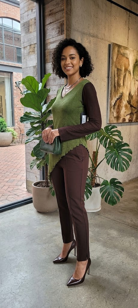 Earthy Layered Asymmetrical Tunic Blouse – Olive & Espresso (Size L/XL)