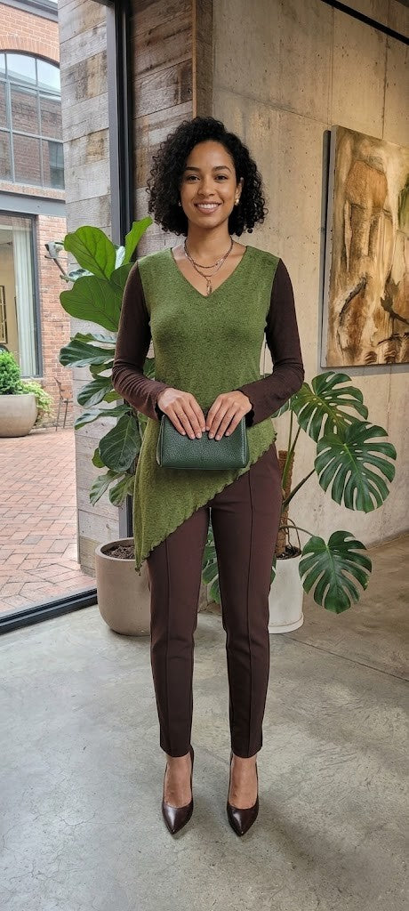 Earthy Layered Asymmetrical Tunic Blouse – Olive & Espresso (Size L/XL)