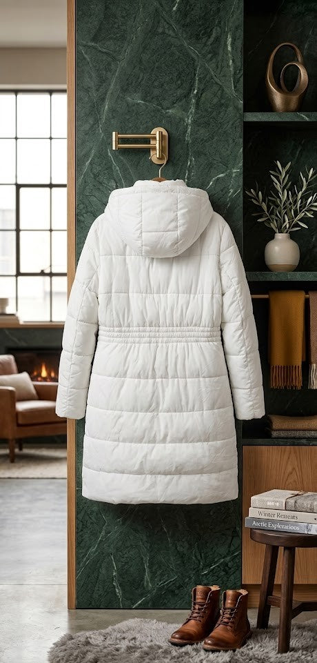 The Fix Women’s Long Puffer Jacket with Fixed Hood – White, Size Small
