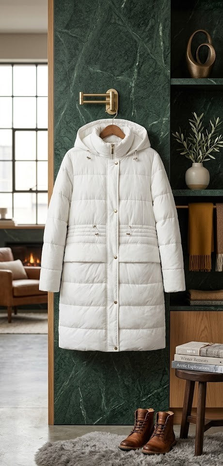 The Fix Women’s Long Puffer Jacket with Fixed Hood – White, Size Small