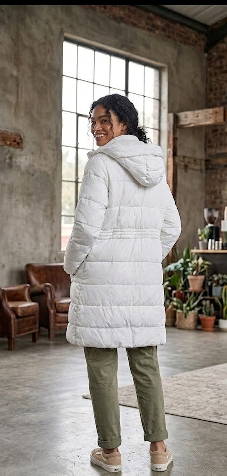 The Fix Women’s Long Puffer Jacket with Fixed Hood – White, Size Small