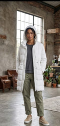 The Fix Women’s Long Puffer Jacket with Fixed Hood – White, Size Small