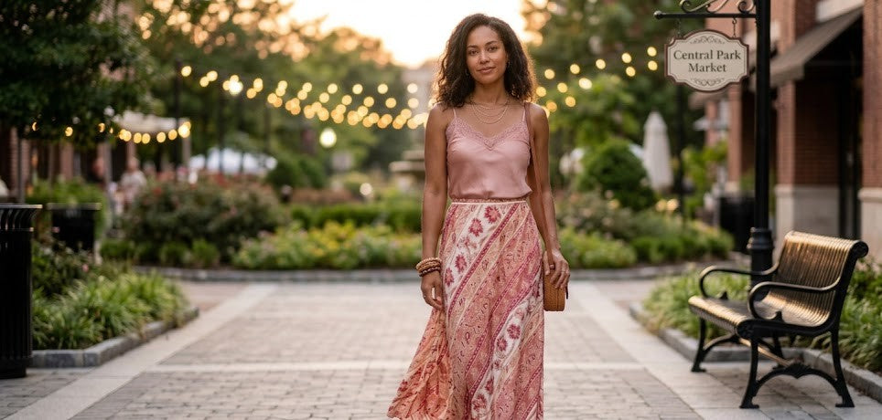 Vintage-Inspired Floral Paisley Maxi Skirt - Pink & Cream - Size 42