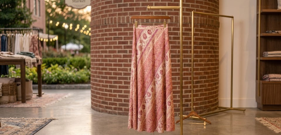 Vintage-Inspired Floral Paisley Maxi Skirt - Pink & Cream - Size 42