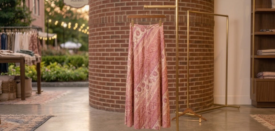 Vintage-Inspired Floral Paisley Maxi Skirt - Pink & Cream - Size 42