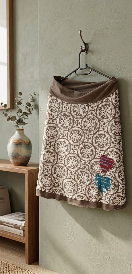 Boho-Chic Geometric Pattern A-Line Skirt with Heart Patch Details – Size XL