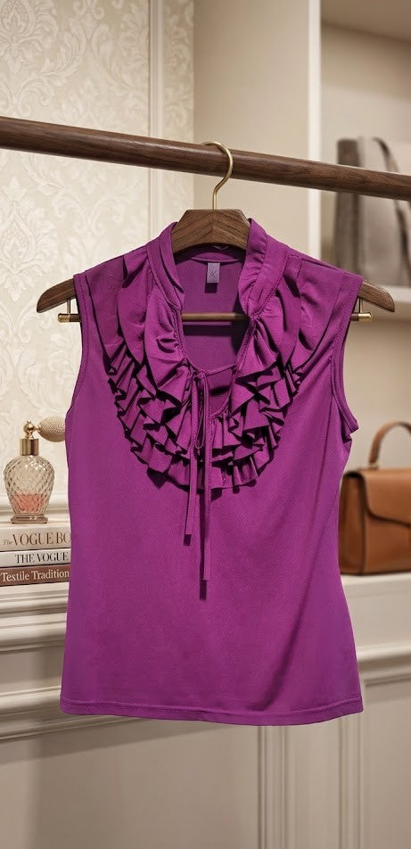 Sophisticated Sleeveless Magenta Blouse with Ruffled Neckline - Small