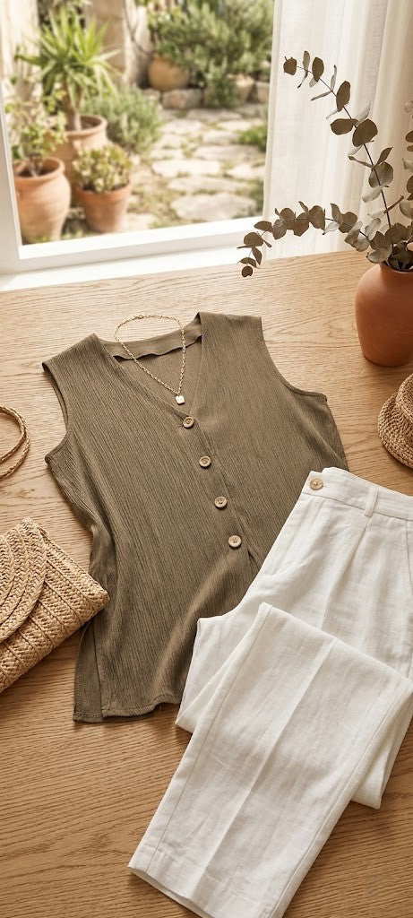 Kelso V-Neck Sleeveless Blouse - Olive Green, Size 12