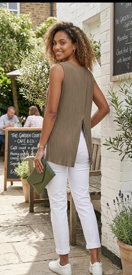 Kelso V-Neck Sleeveless Blouse - Olive Green, Size 12