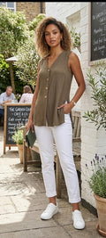 Kelso V-Neck Sleeveless Blouse - Olive Green, Size 12