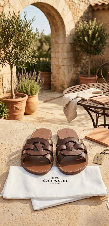Coach Women's Leather Interlocking Flat Slide Sandals - Brown, Size 10