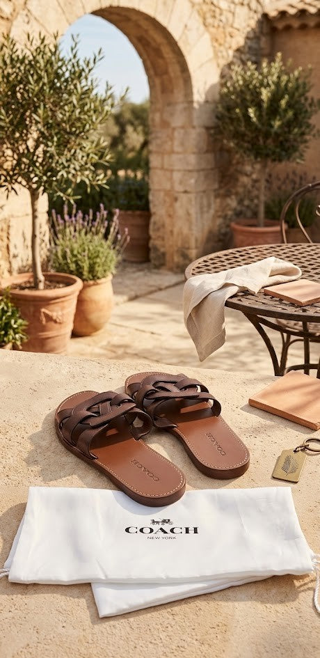 Coach Women's Leather Interlocking Flat Slide Sandals - Brown, Size 10