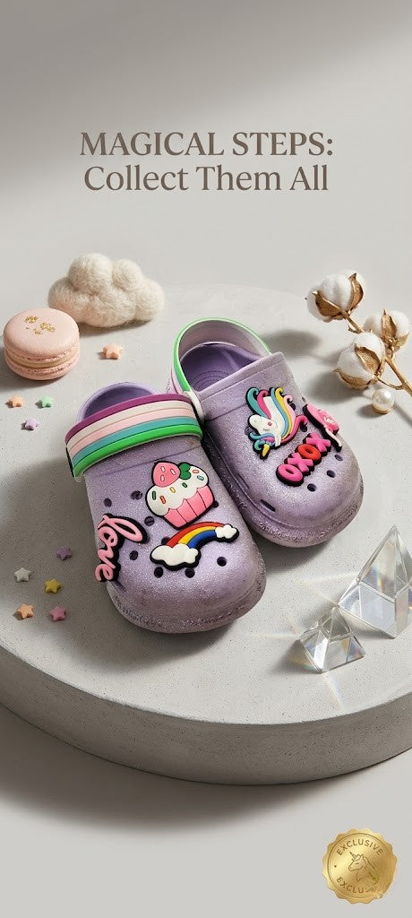 Toddler Girls Glittery Purple Clog Shoes with Rainbow & Unicorn Charms – Size 5