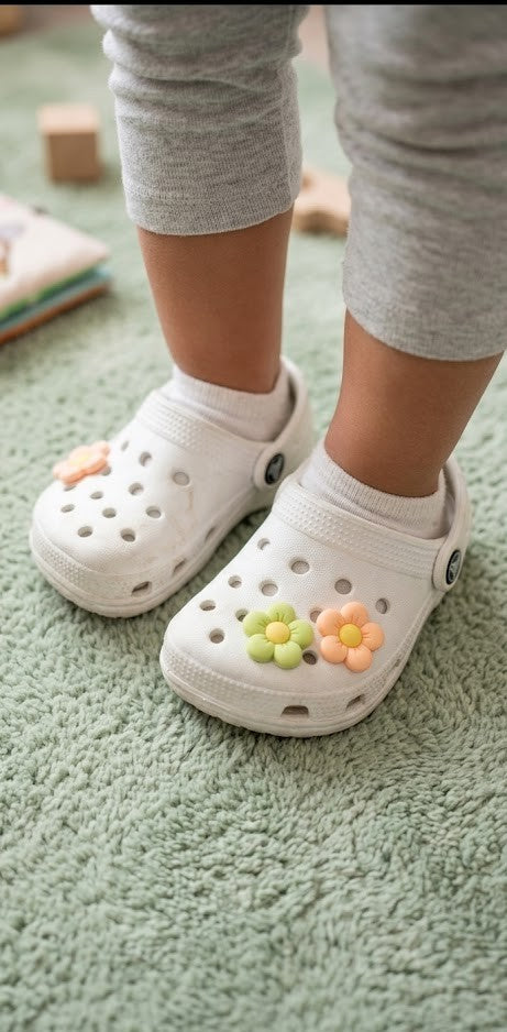 White Slip-On Toddler Clogs with Pastel Flower Charms - Size 4 (Ages 1-2)