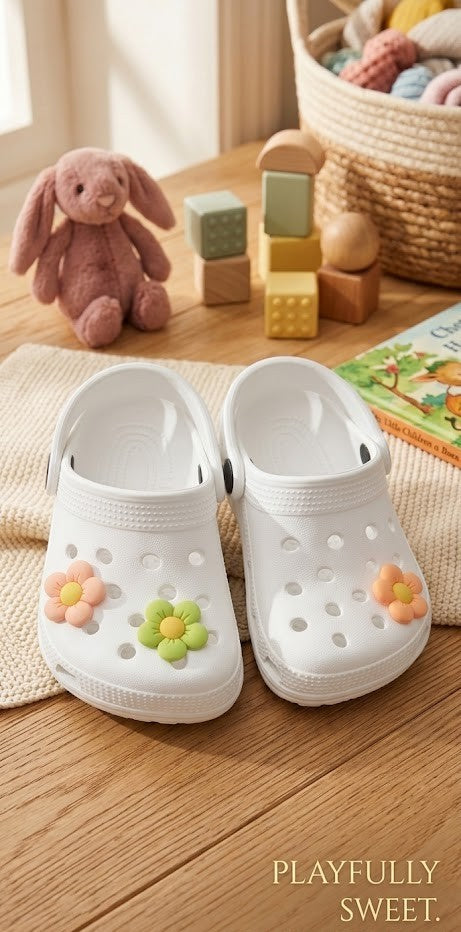 White Slip-On Toddler Clogs with Pastel Flower Charms - Size 4 (Ages 1-2)