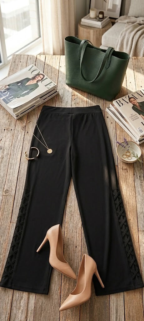 Queenspark Chic Side-Lace Detail Wide-Leg Trousers - Black, Size 14