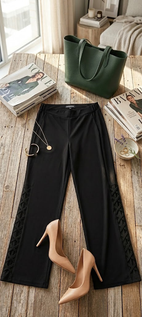 Queenspark Chic Side-Lace Detail Wide-Leg Trousers - Black, Size 14