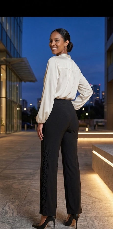 Queenspark Chic Side-Lace Detail Wide-Leg Trousers - Black, Size 14