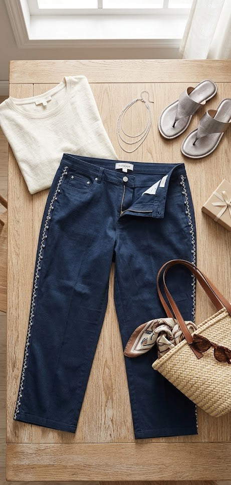Queenspark Women’s Capri 3/4 Jeans – Dark Wash Slim Fit with Side Detail, Size 16