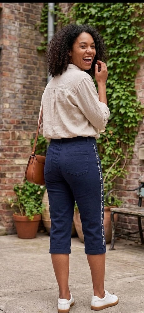 Queenspark Women’s Capri 3/4 Jeans – Dark Wash Slim Fit with Side Detail, Size 16