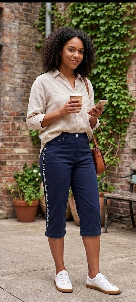 Queenspark Women’s Capri 3/4 Jeans – Dark Wash Slim Fit with Side Detail, Size 16