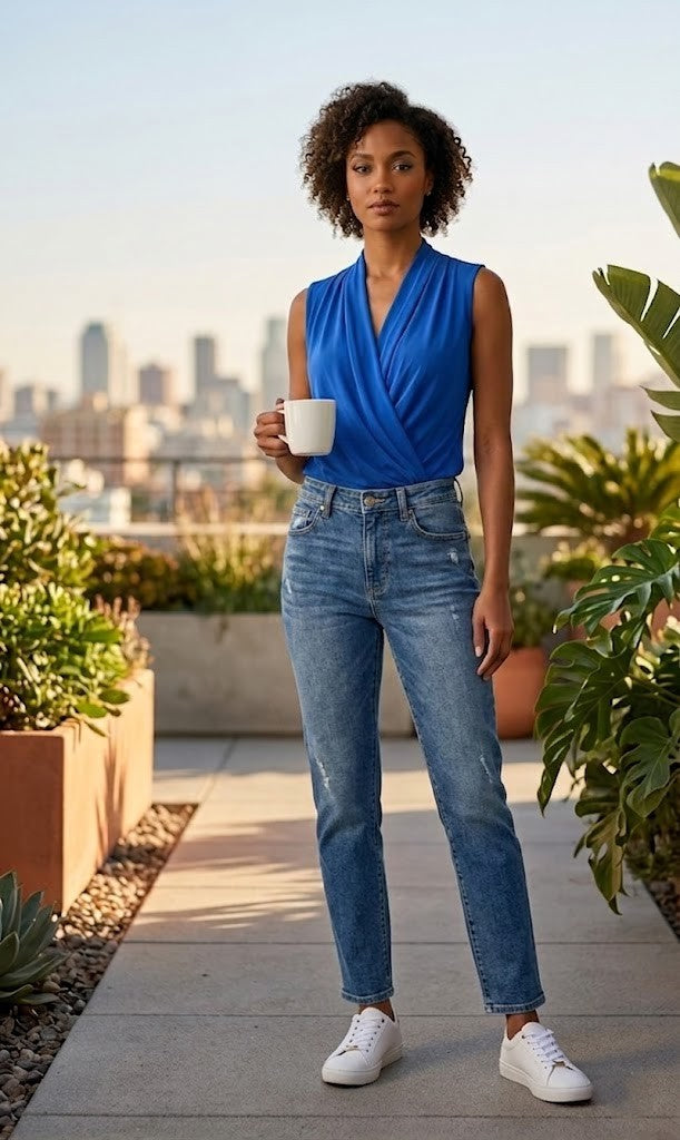 Royal Blue Sleeveless Wrap Blouse
