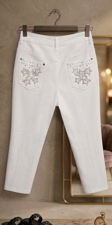 Stylish White Embellished Capri Jeans