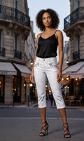 Stylish White Embellished Capri Jeans