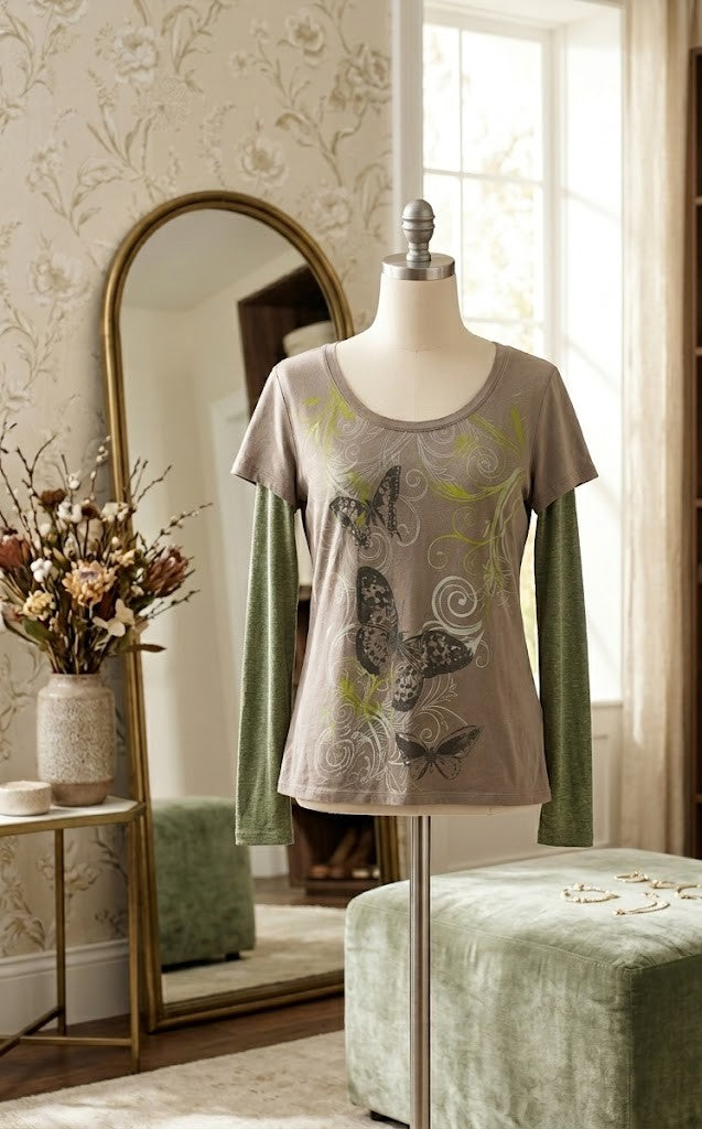 Vintage-Inspired Butterfly Graphic Layered-Look Long Sleeve T-Shirt