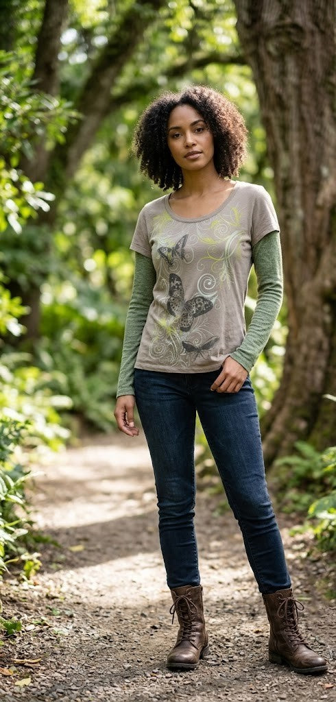 Vintage-Inspired Butterfly Graphic Layered-Look Long Sleeve T-Shirt