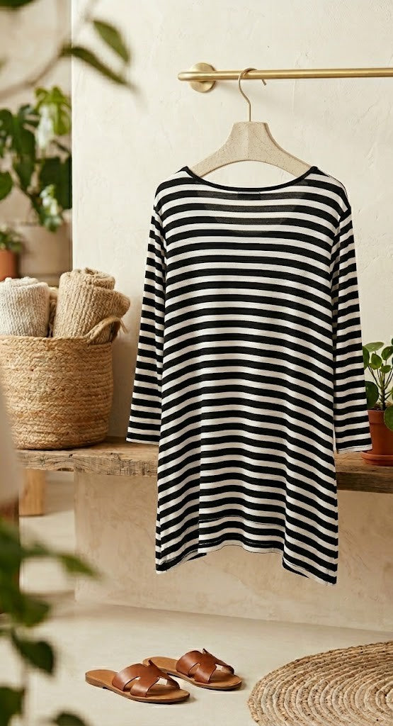 David Jones Monochrome Striped 3/4 Sleeve Top