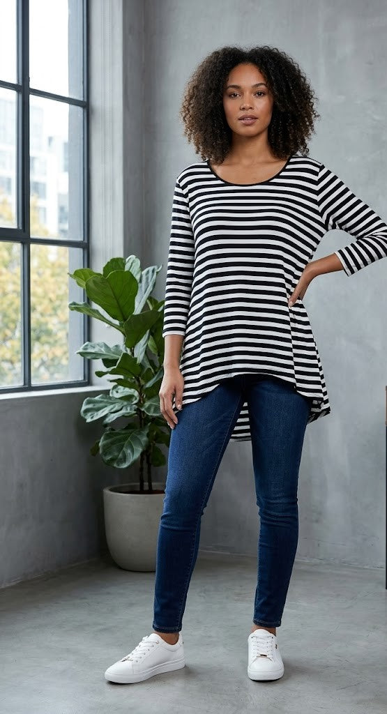 David Jones Monochrome Striped 3/4 Sleeve Top