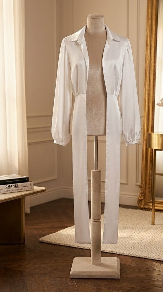 Elegant White Satin-Feel Tie-Front Blouse