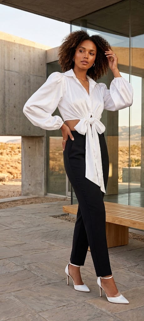 Elegant White Satin-Feel Tie-Front Blouse