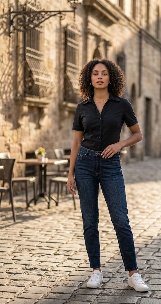 Elegant Classic Black Short-Sleeve Blouse