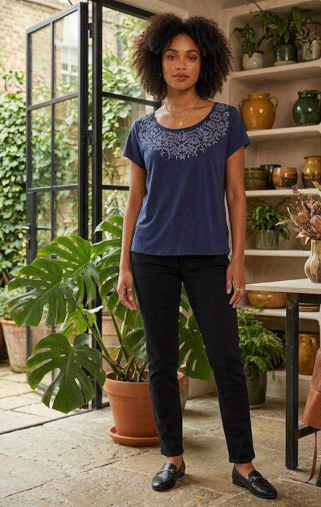 Elegant Embroidered Navy Blouse