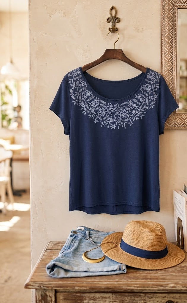 Elegant Embroidered Navy Blouse