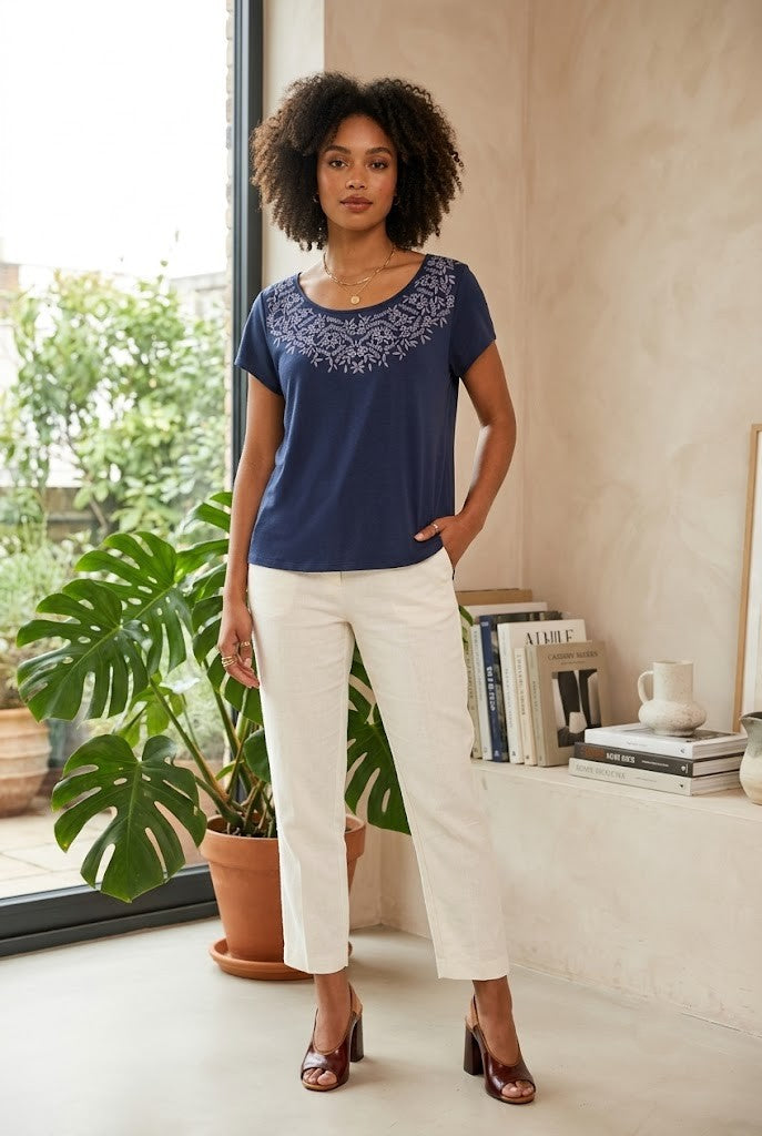 Elegant Embroidered Navy Blouse