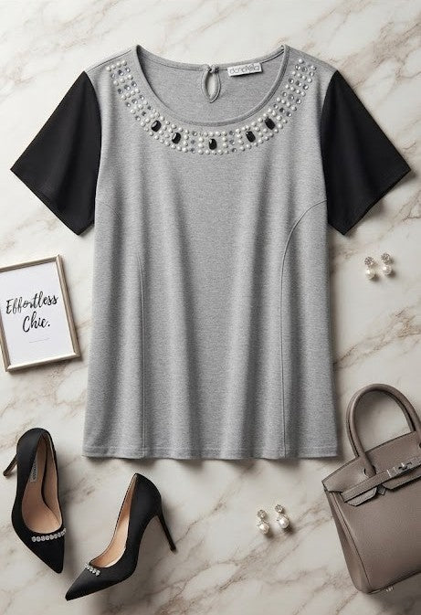 Donatella Embellished Contrast-Sleeve Blouse
