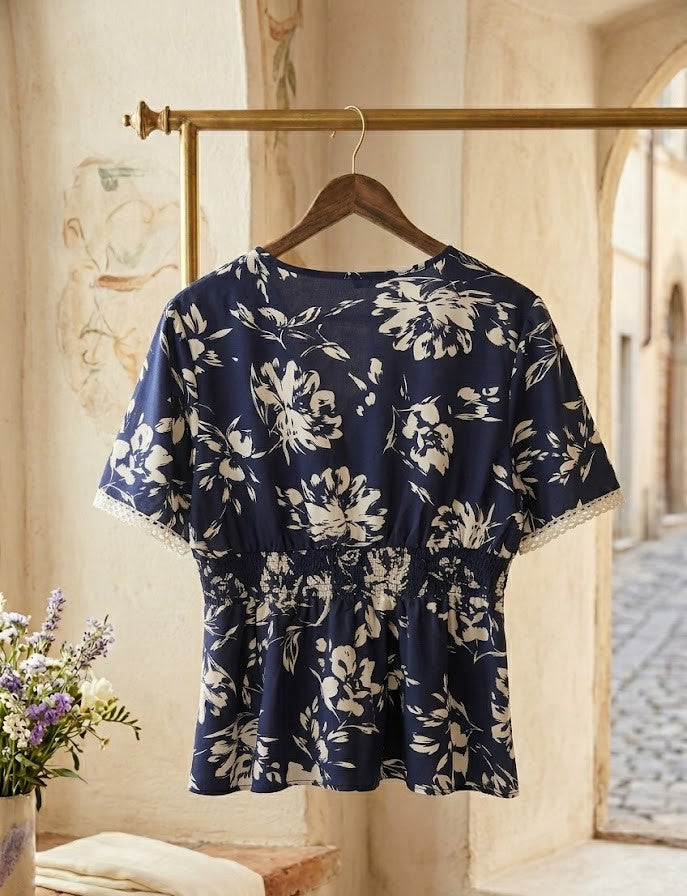 Navy Floral V-Neck Blouse with Lace Detail
