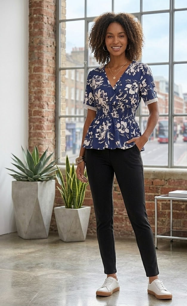 Navy Floral V-Neck Blouse with Lace Detail