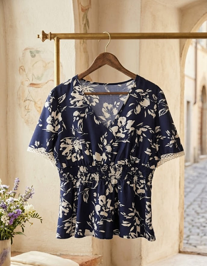 Navy Floral V-Neck Blouse with Lace Detail
