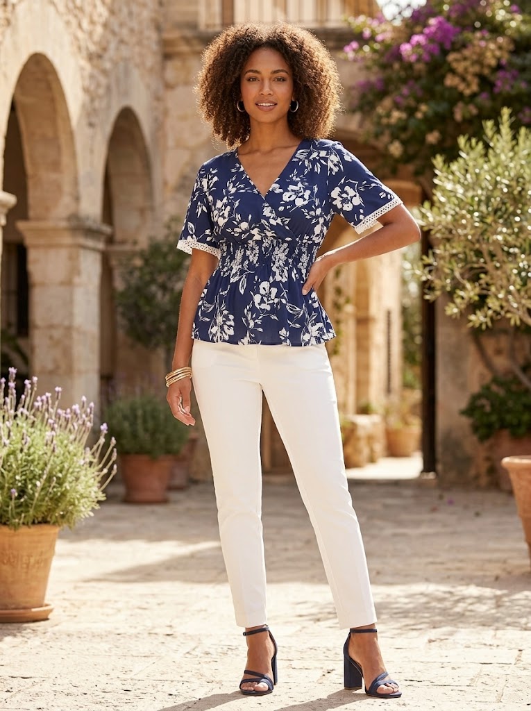 Navy Floral V-Neck Blouse with Lace Detail