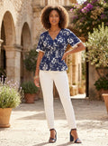 Navy Floral V-Neck Blouse with Lace Detail